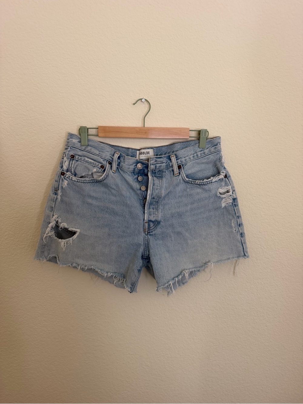 AGOLDE Light Wash Distressed Denim Shorts